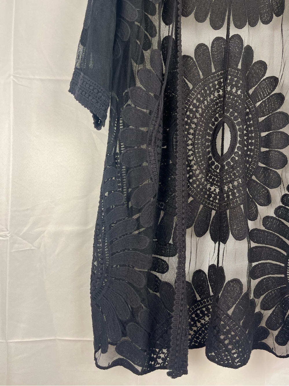 Black Boho Embroidered Lace Sheer Mesh Kimono Duster / Swim Beach Cover Up - Picture 3 of 8